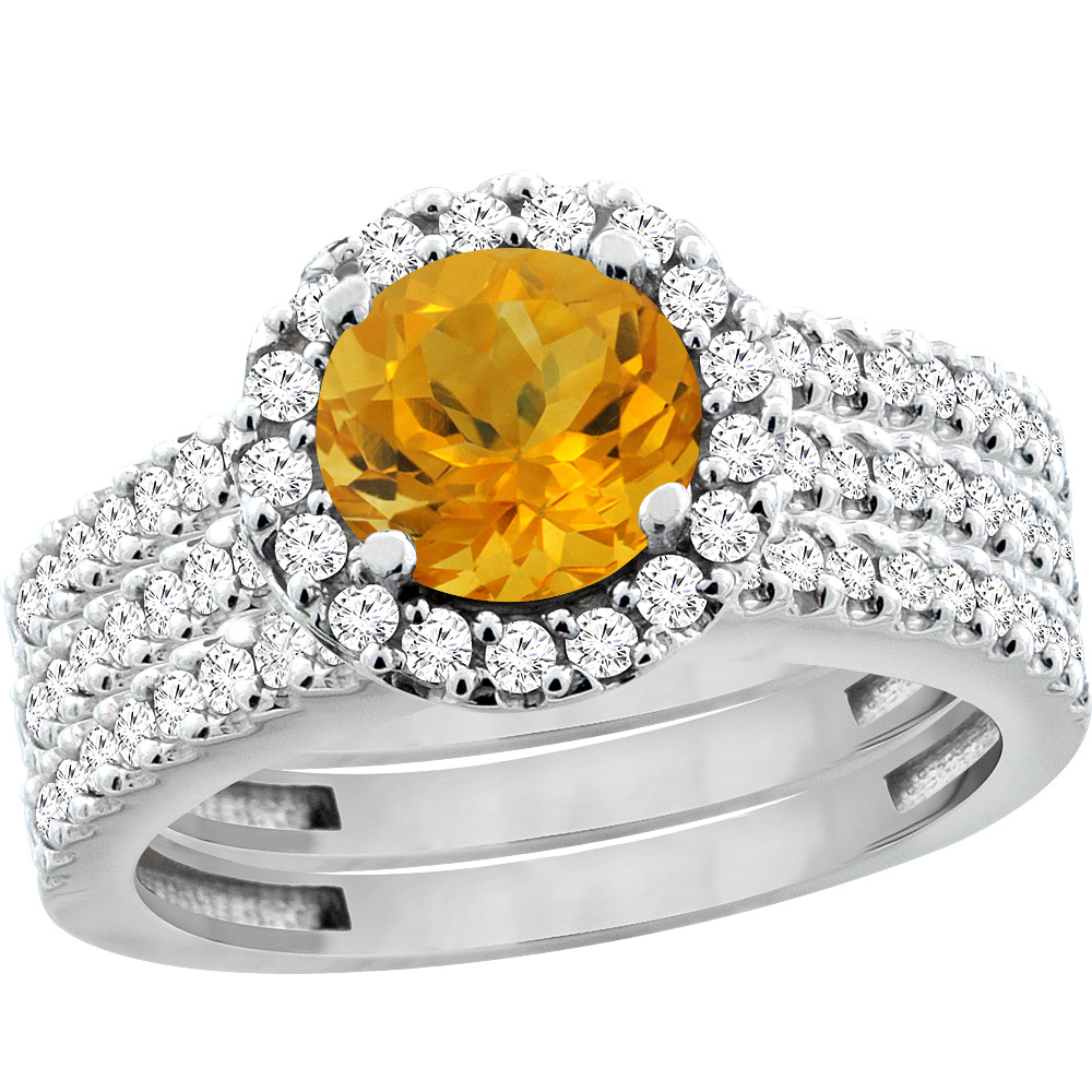 14K White Gold Natural Citrine 3-Piece Bridal Ring Set Round 6mm Halo Diamond, sizes 5 - 10