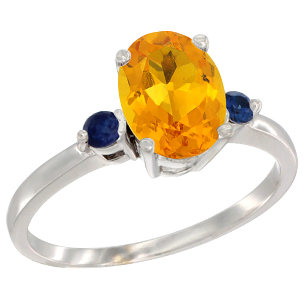 14K White Gold Natural Citrine Ring Oval 9x7 mm Blue Sapphire Accent, sizes 5 to 10