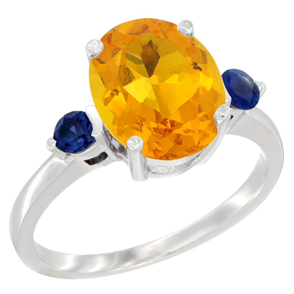 14K White Gold 10x8mm Oval Natural Citrine Ring for Women Blue Sapphire Side-stones sizes 5 - 10