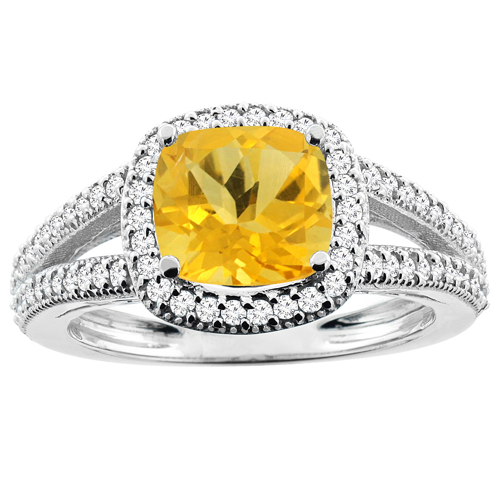 10K White Gold Natural Citrine Ring Cushion 7x7mm Diamond Accent 3/8 inch wide, sizes 5 - 10