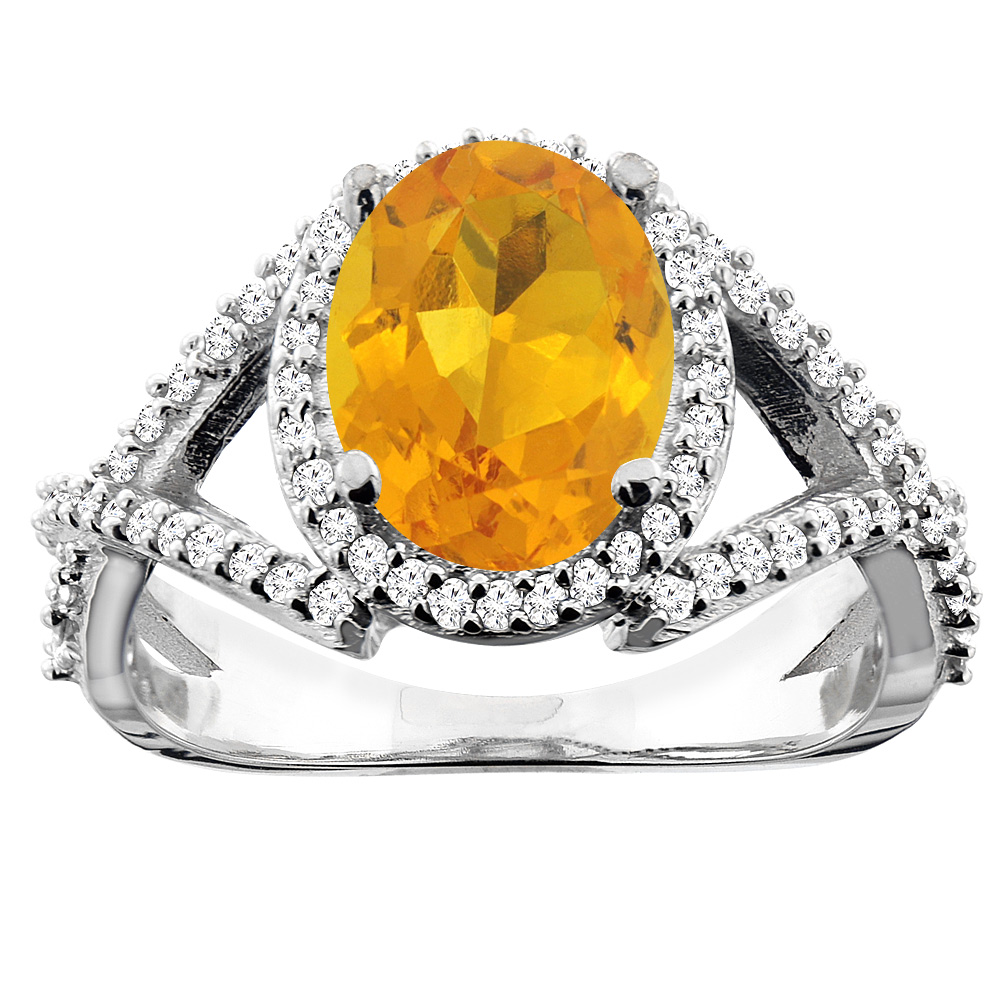 10K White/Yellow/Rose Gold Natural Citrine Ring Oval 10x8mm Diamond Accent, sizes 5 - 10