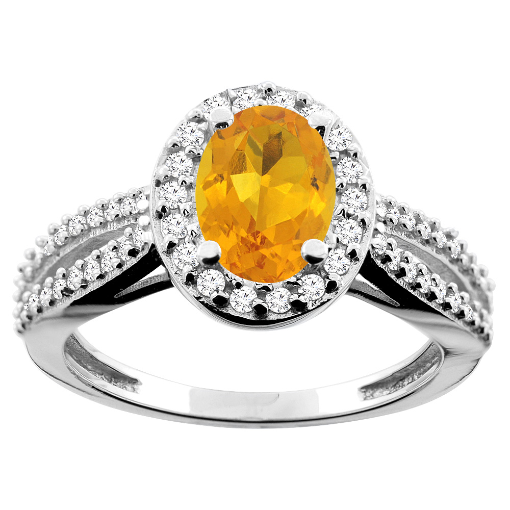 14K White/Yellow/Rose Gold Natural Citrine Ring Oval 8x6mm Diamond Accent, sizes 5 - 10