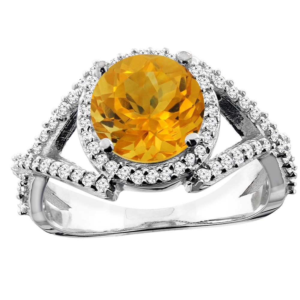 14K White/Yellow/Rose Gold Natural Citrine Ring Round 8mm Diamond Accent, size 5