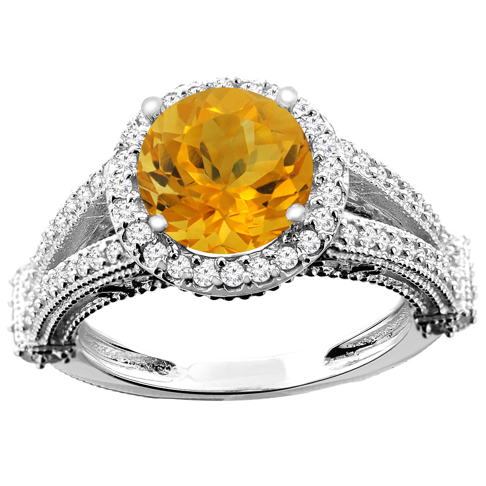 14K White/Yellow/Rose Gold Natural Citrine Ring Round 8mm Diamond Accent, sizes 5 - 10