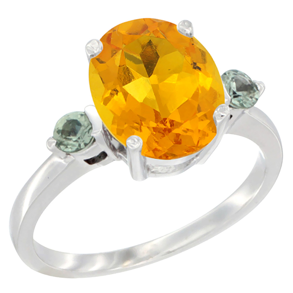 14K White Gold 10x8mm Oval Natural Citrine Ring for Women Green Sapphire Side-stones sizes 5 - 10