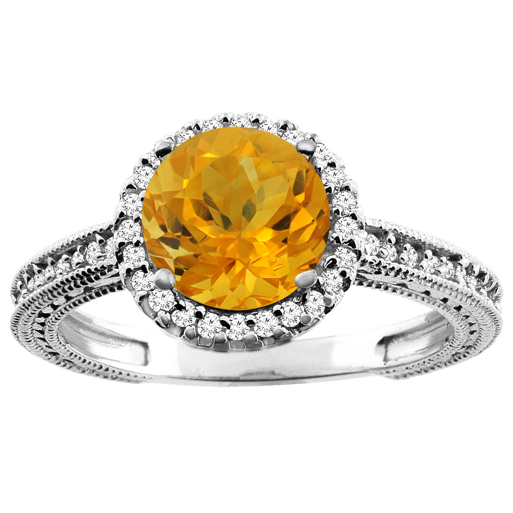 10K White/Yellow/Rose Gold Natural Citrine Ring Round 7mm Diamond Accent, sizes 5 - 10