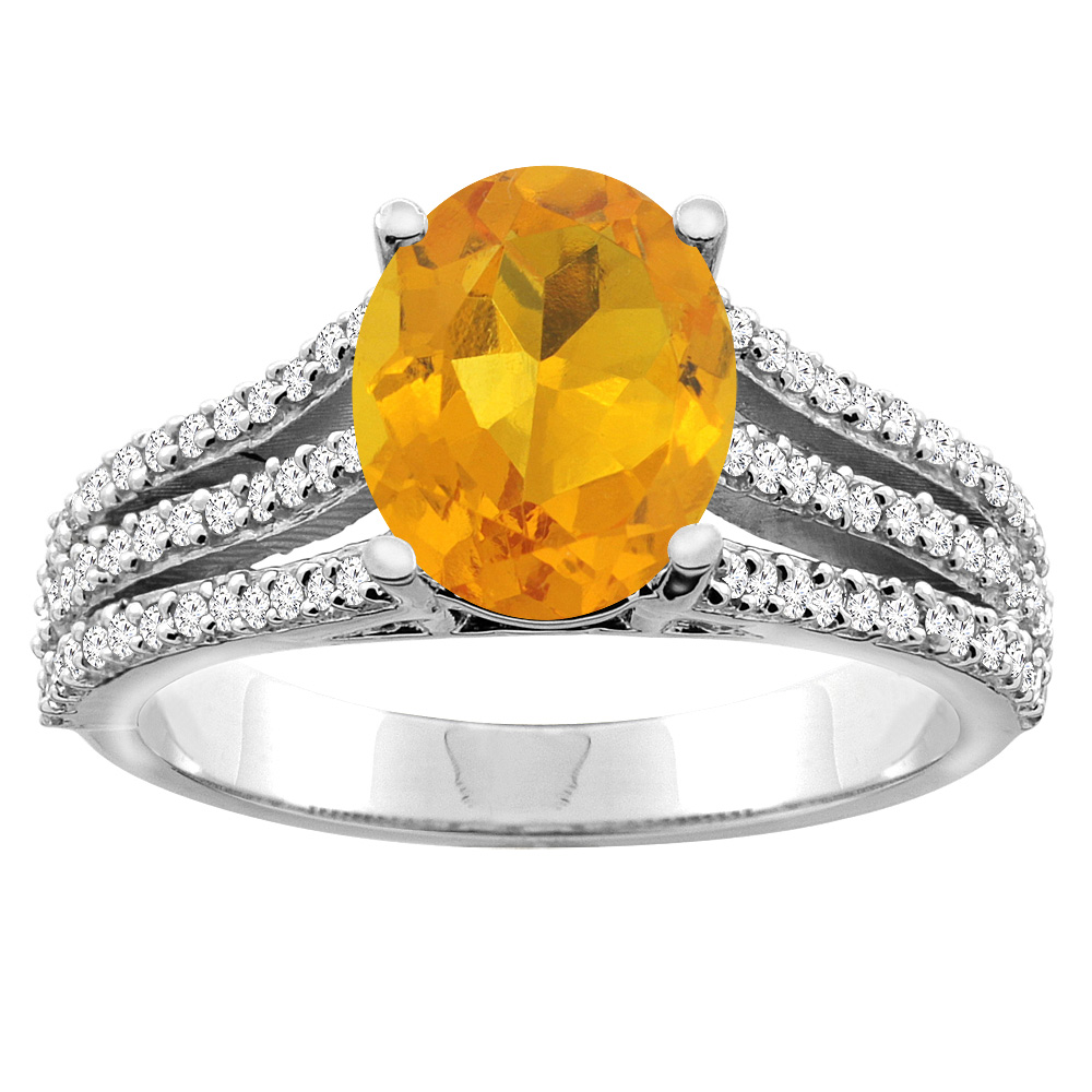 10K White/Yellow Gold Natural Citrine Tri-split Ring Cushion-cut 8x6mm Diamond Accents 5/16 inch wide, sizes 5 - 10