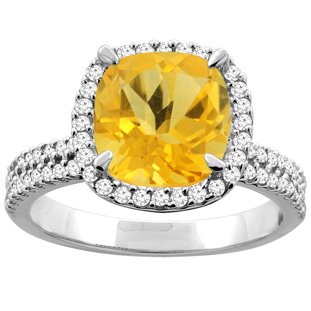 14K White/Yellow Gold Natural Citrine Halo Ring Cushion 9x9mm Diamond Accent, sizes 5 - 10