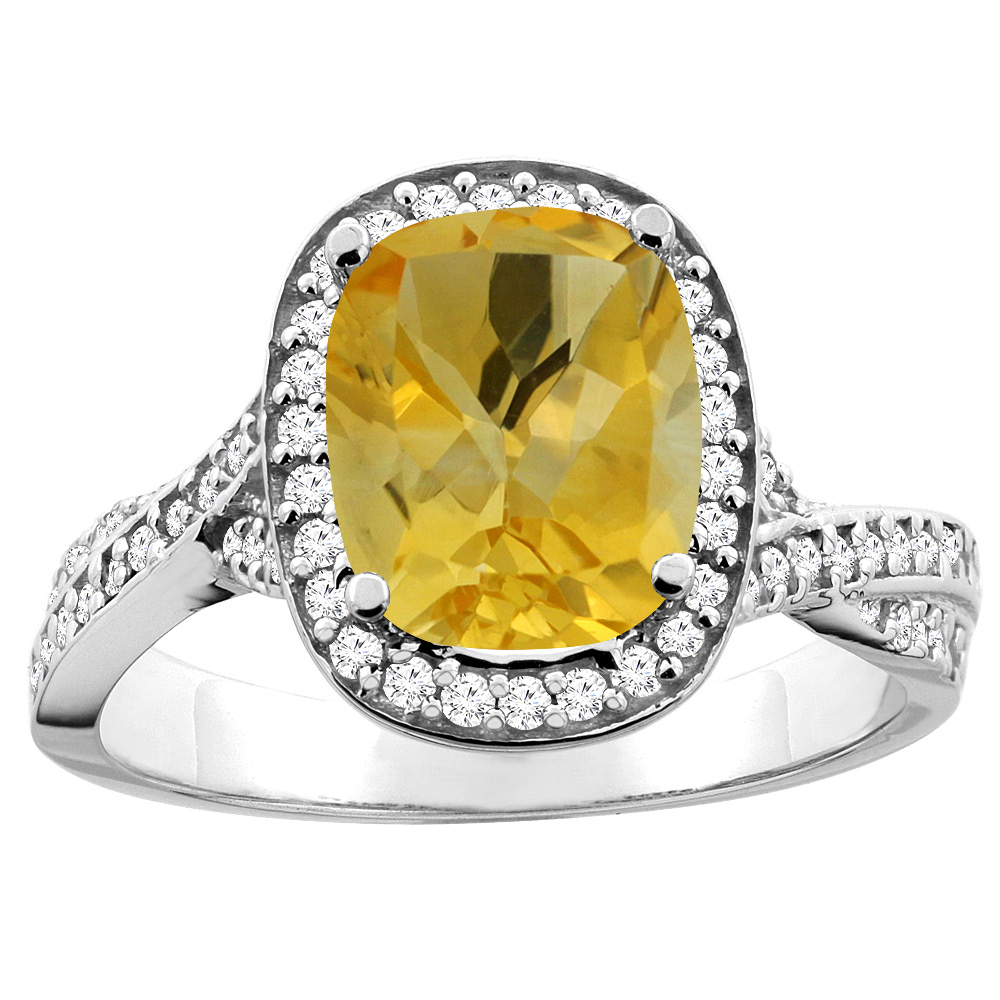 10K White/Yellow Gold Natural Citrine Halo Ring Cushion 9x7mm Diamond Accent, sizes 5 - 10