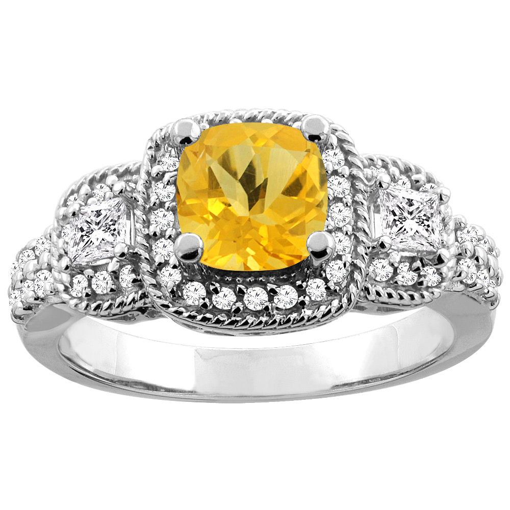 10K Yellow Gold Natural Citrine Ring Cushion 6x6 mm Diamond Accent, sizes 5 - 10