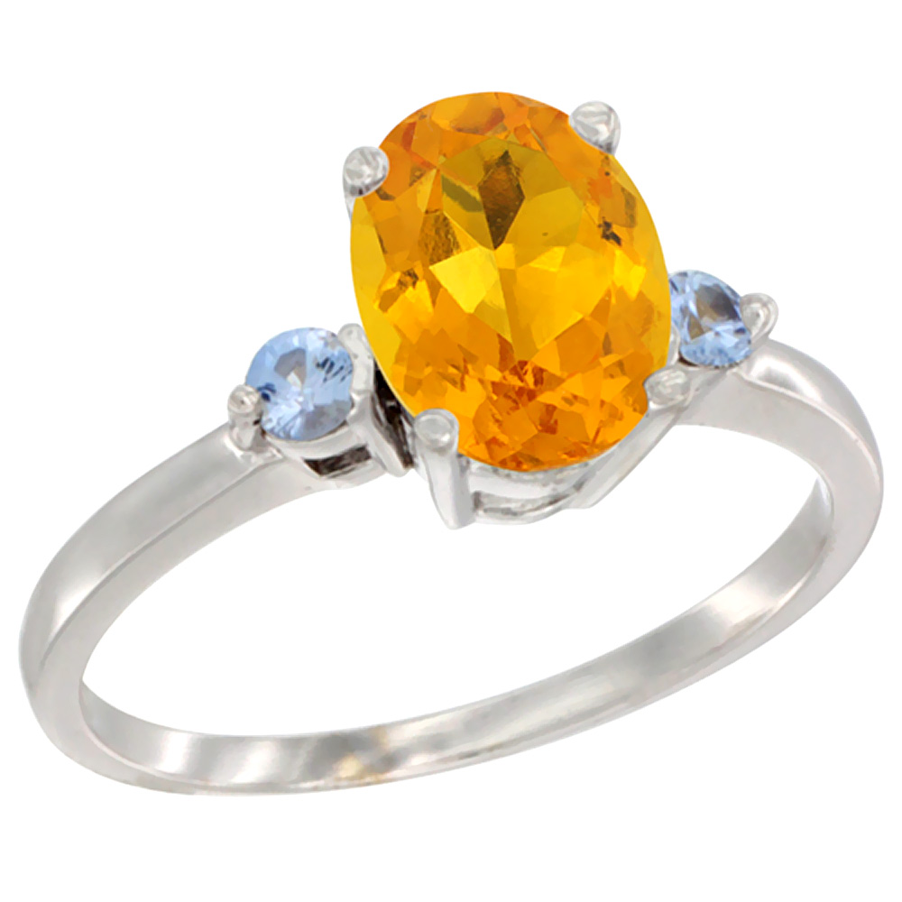 14K White Gold Natural Citrine Ring Oval 9x7 mm Light Blue Sapphire Accent, sizes 5 to 10
