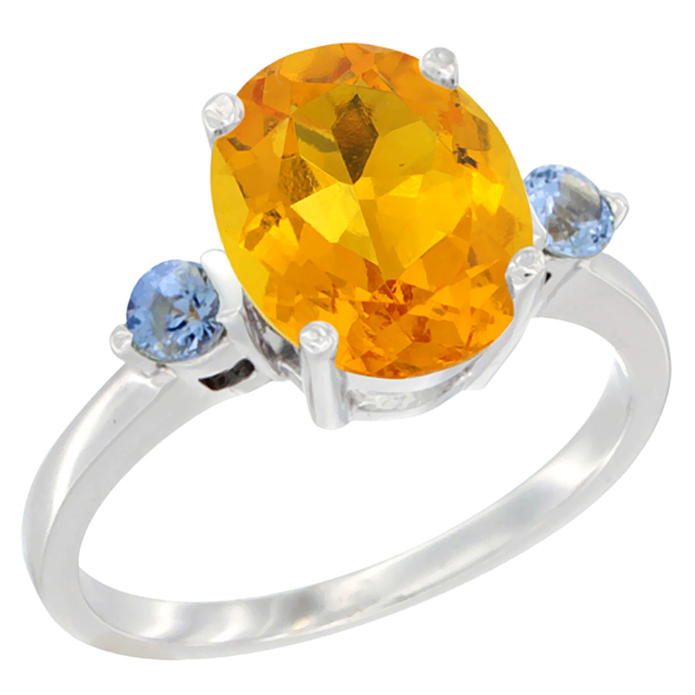 10K White Gold 10x8mm Oval Natural Citrine Ring for Women Light Blue Sapphire Side-stones sizes 5 - 10