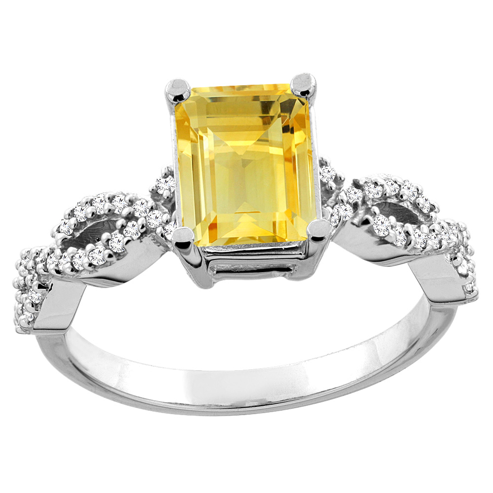14K White/Yellow Gold Natural Citrine Eternity Ring Octagon 9x7mm Diamond Accent, sizes 5 - 10