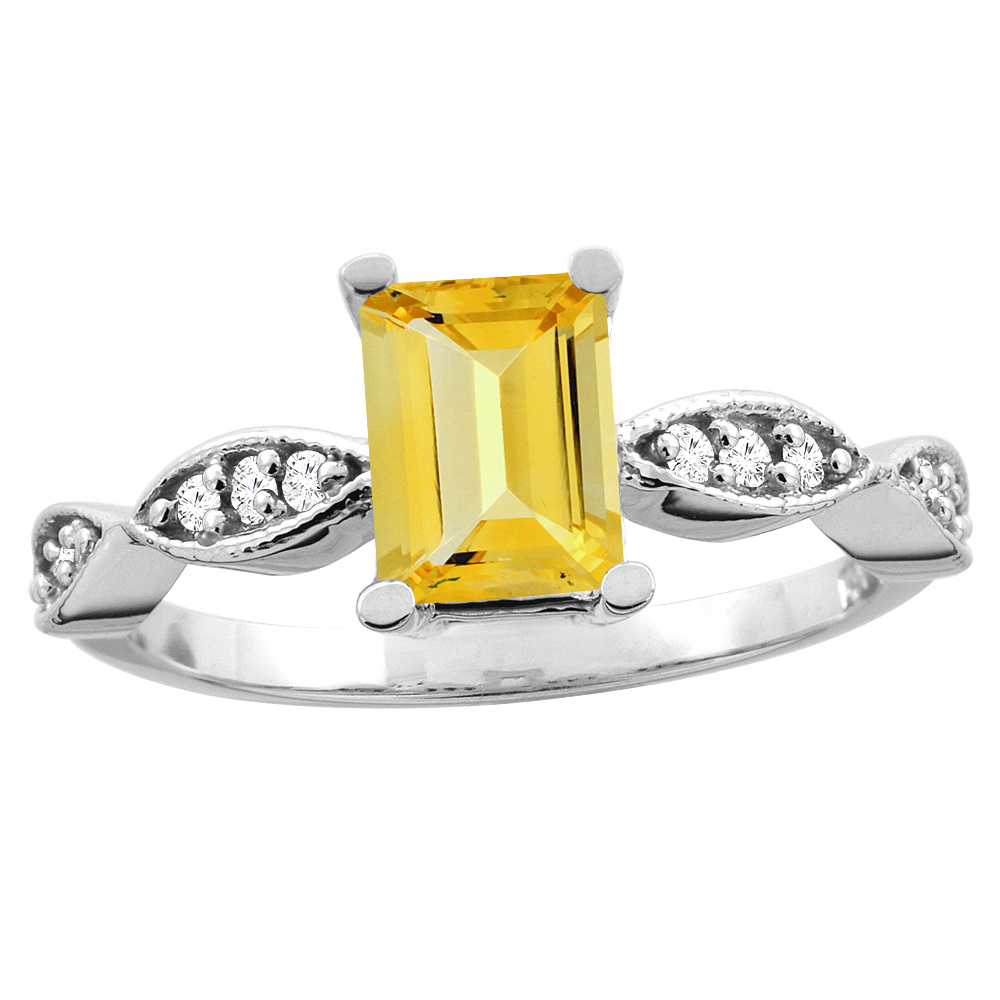 14K White/Yellow Gold Natural Citrine Ring Octagon 8x6mm Diamond Accent, sizes 5 - 10
