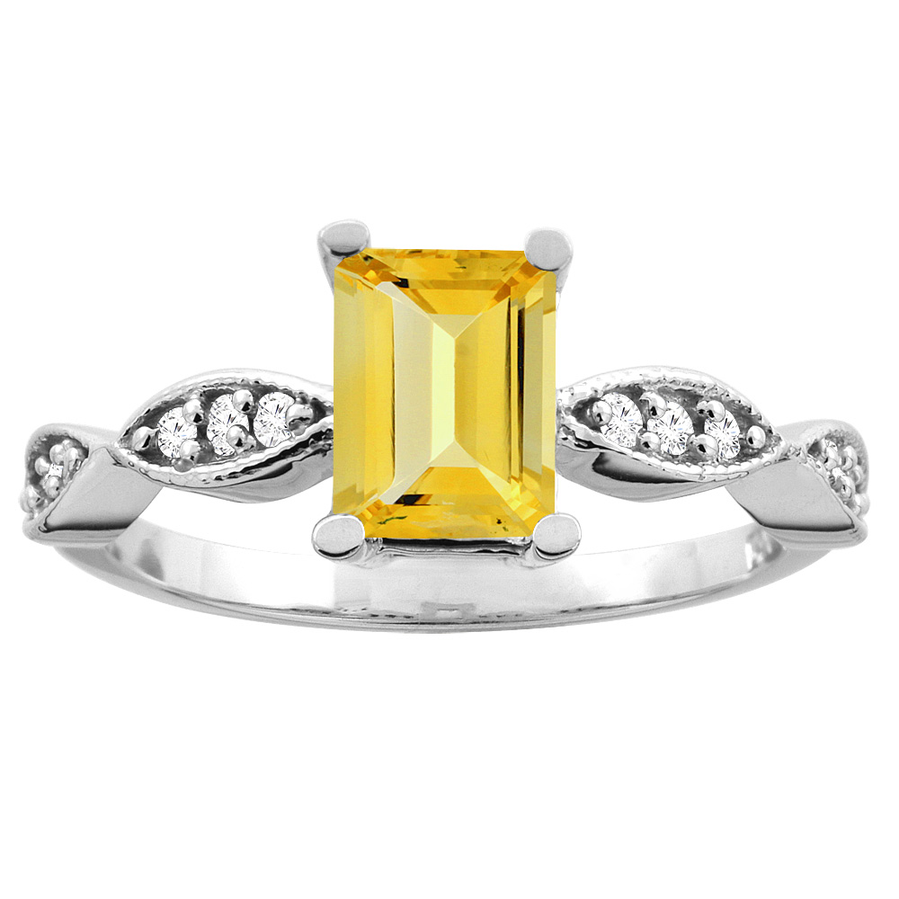 10K White/Yellow Gold Natural Citrine Ring Octagon 7x5mm Diamond Accents, sizes 5 -10