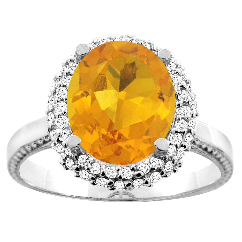14K White/Yellow Gold Natural Citrine Double Halo Ring Oval 10x8mm Diamond Accent, sizes 5 - 10