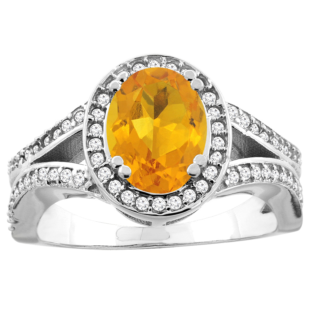 10K White/Yellow Gold Natural Citrine Split Ring Oval 8x6mm Diamond Accent, sizes 5 - 10