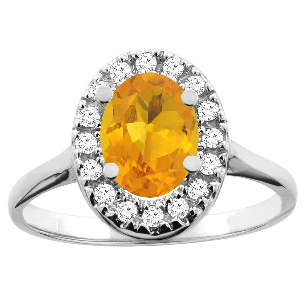 10K White/Yellow Gold Natural Citrine Ring Oval 8x6mm Diamond Accent, sizes 5 - 10