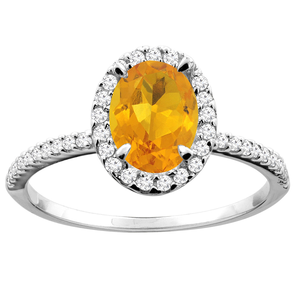 14K White/Yellow Gold Natural Citrine Ring Oval 8x6mm Diamond Accent, sizes 5 - 10