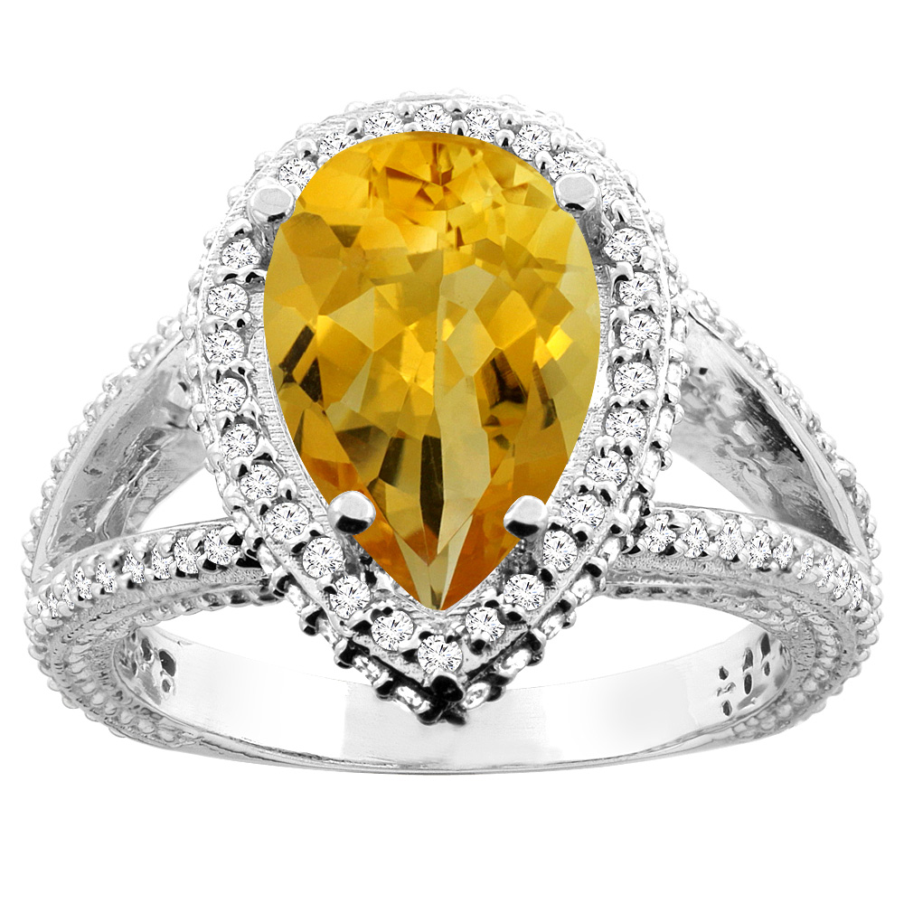 14K White/Yellow Gold Natural Citrine Halo Ring Pear 12x8mm Diamond Accents, sizes 5 - 10