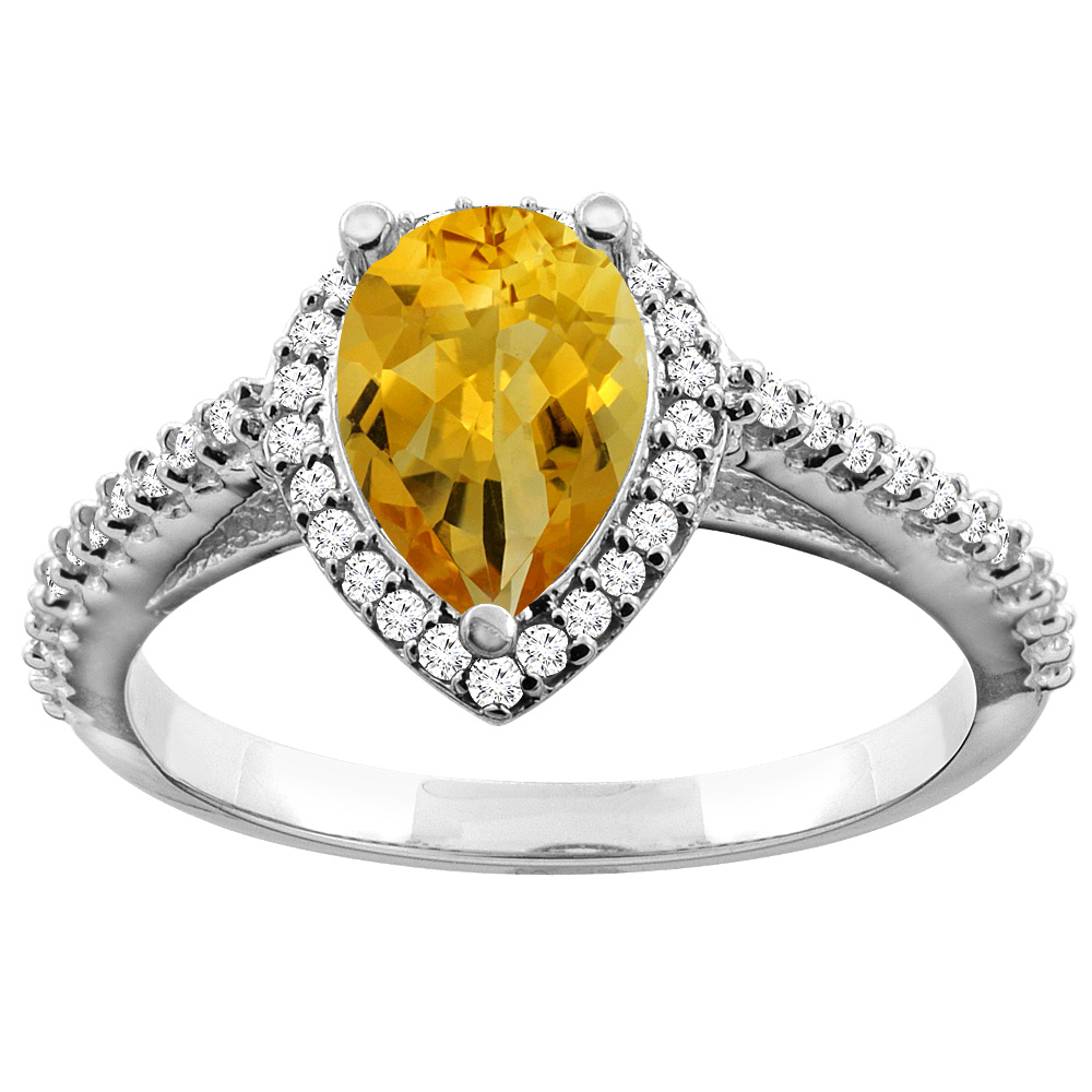 10K White Gold Natural Citrine Ring Pear 9x7mm Diamond Accents, sizes 5 - 10