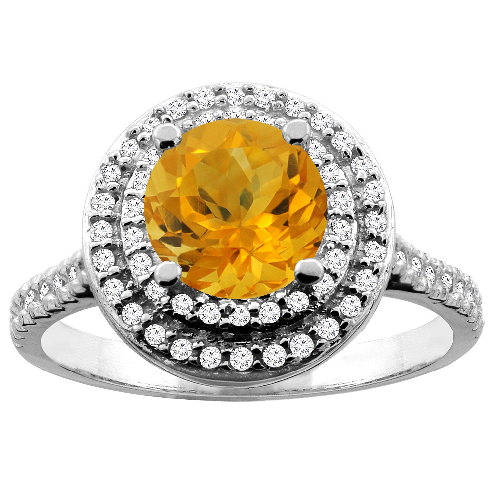10K White/Yellow Gold Natural Citrine Double Halo Ring Round 7mm Diamond Accent, sizes 5 - 10