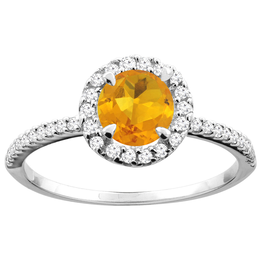 14K Gold Natural Citrine Ring Round 6mm Diamond Accents, sizes 5 - 10