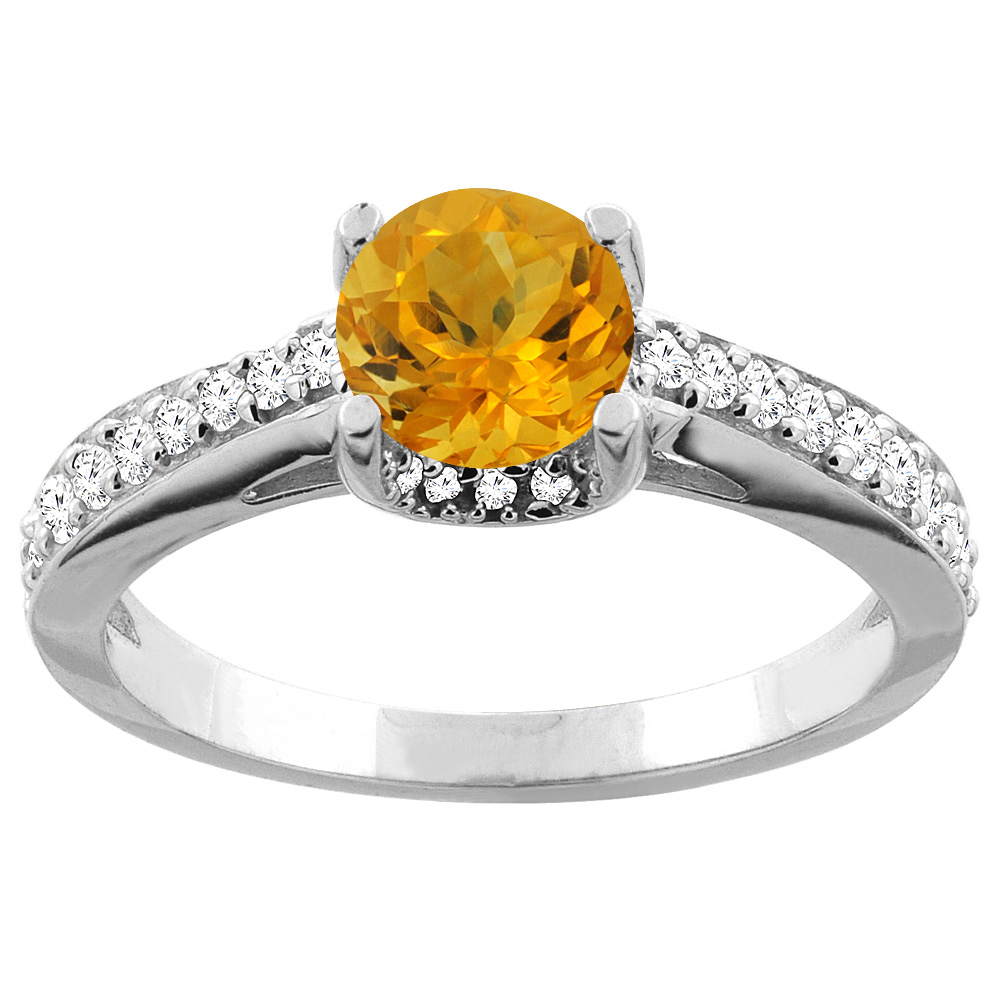 10K White/Yellow Gold Natural Citrine Ring Round 6mm Diamond Accents 1/4 inch wide, sizes 5 - 10