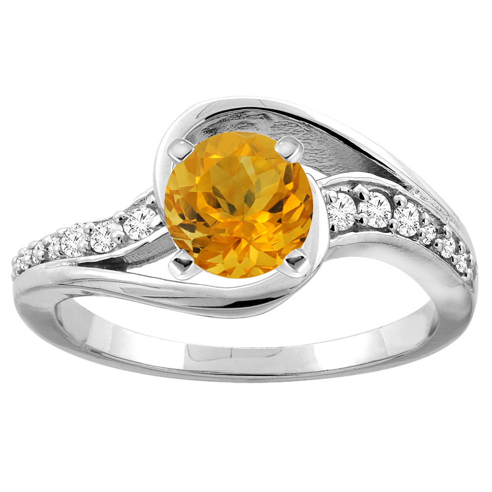 10K White/Yellow Gold Natural Citrine Bypass Ring Round 6mm Diamond Accent, sizes 5 - 10