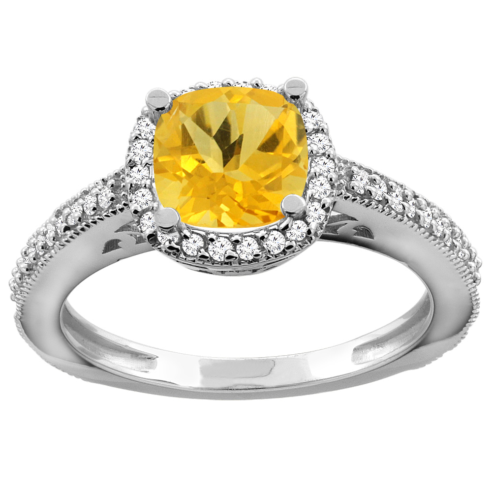 10K Yellow Gold Natural Citrine Engagement Ring Diamond Halo Cushion 7mm, sizes 5 - 10