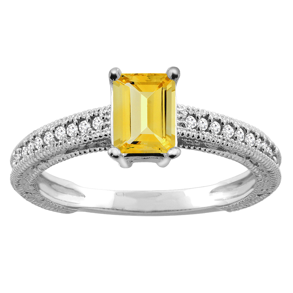 10K Gold Natural Citrine Engagement Ring Octagon 8x6mm Diamond Accents, sizes 5 - 10