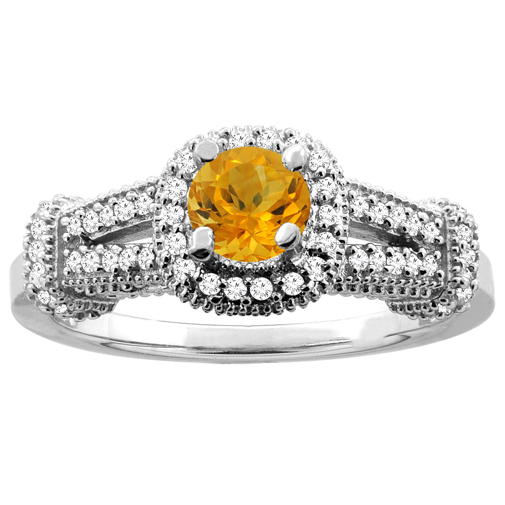 10K White Gold Natural Citrine Engagement Halo Ring Round 5mm Diamond Accents, sizes 5 - 10
