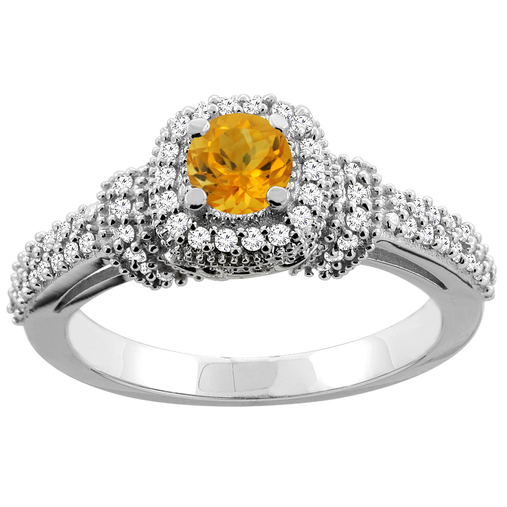 14K Gold Natural Citrine Engagement Halo Ring Round 5mm Diamond Accents, sizes 5 - 10