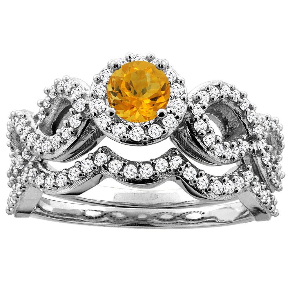 10K White Gold Natural Citrine Engagement Halo Ring Round 5mm Diamond 2-piece Accents, sizes 5 - 10