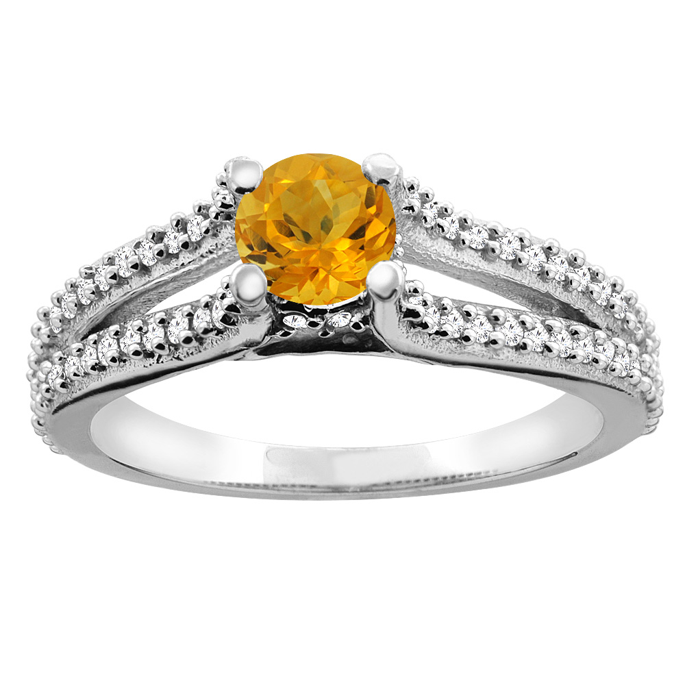 14K Yellow Gold Natural Citrine Engagement Split Shank Ring Round 5mm Diamond Accents, sizes 5 - 10