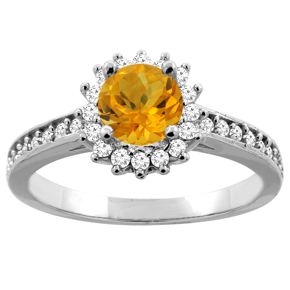14K Gold Natural Citrine Floral Halo Diamond Engagement Ring Round 6mm, sizes 5 - 10