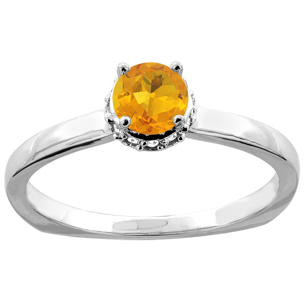 14K Gold Natural Citrine Solitaire Engagement Ring Round 4mm Diamond Accents, sizes 5 - 10