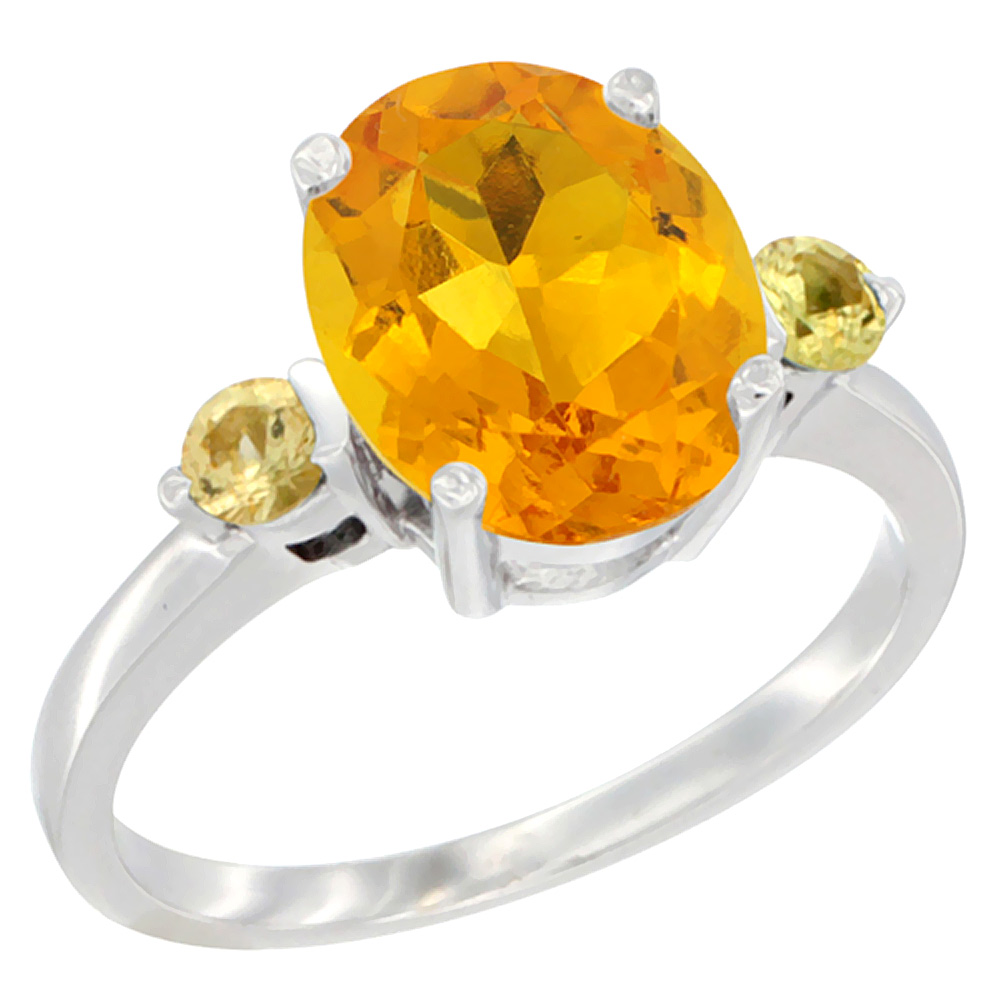 14K White Gold 10x8mm Oval Natural Citrine Ring for Women Yellow Sapphire Side-stones sizes 5 - 10