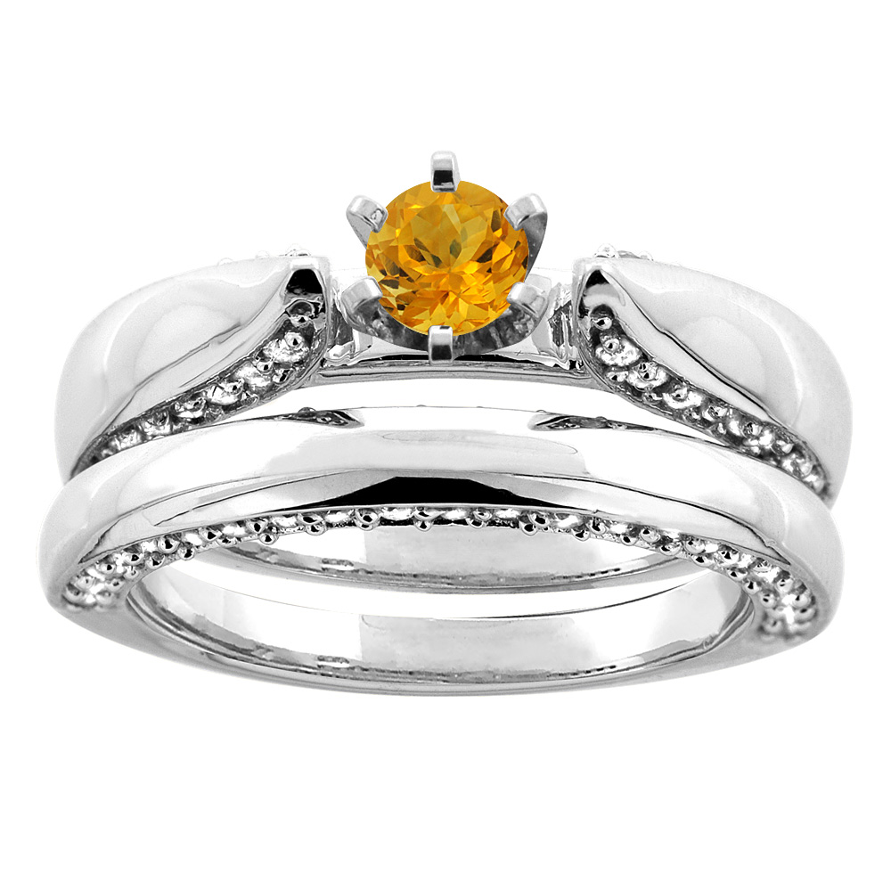 14K White Gold Natural Citrine 2-piece Bridal Ring Set Diamond Accents Round 5mm, sizes 5 - 10