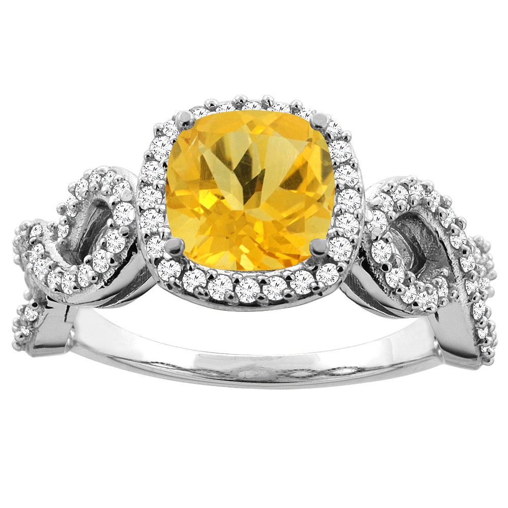 14K White Gold Natural 7mm Cushion Cut Citrine Engagement Ring for Women Eternity Pattern Diamond Accent sizes 5-10