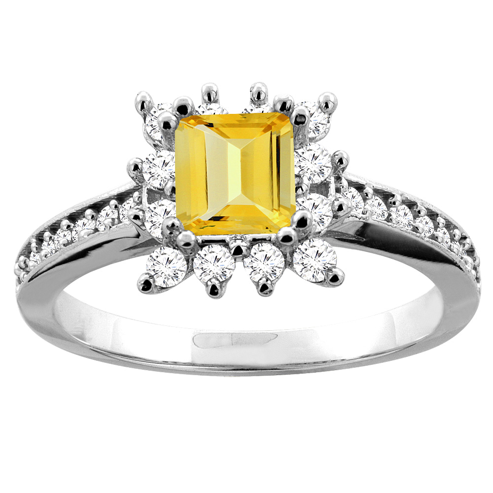 10K Yellow Gold Natural Citrine Engagement Ring Diamond Accents Square 5mm, sizes 5 - 10