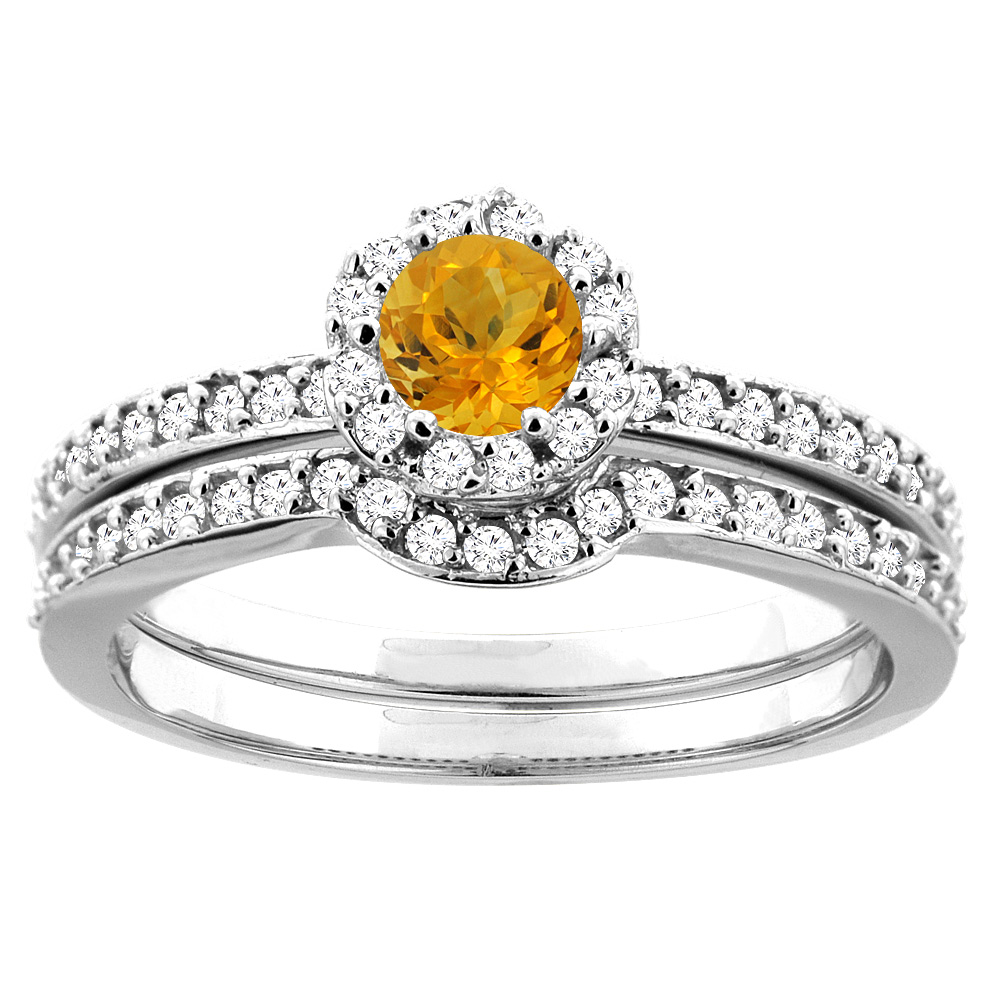 10K White Gold Natural Citrine 2-pc Bridal Ring Set Diamond Accent Round 4mm, sizes 5 - 10