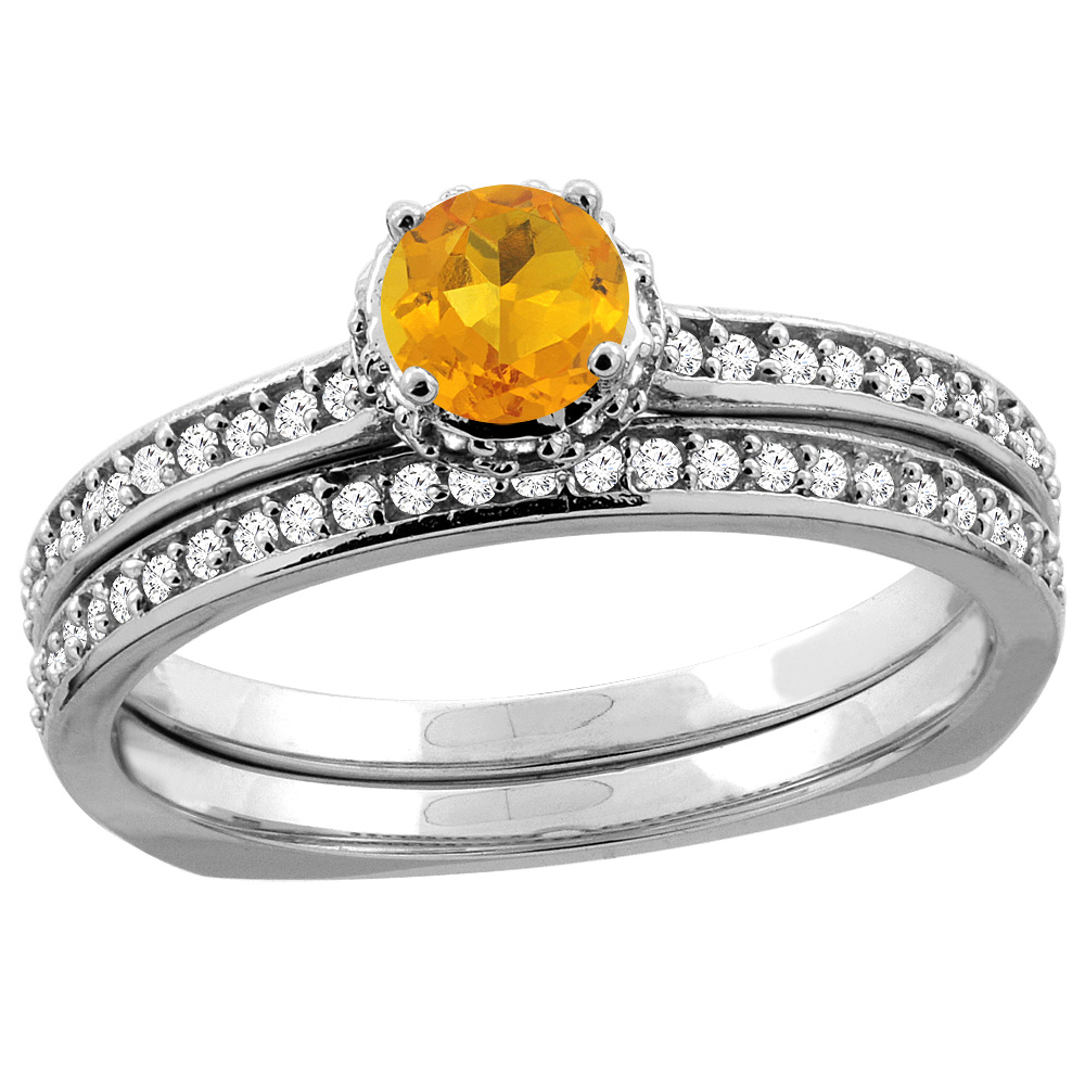 10K Yellow Gold Diamond Natural Citrine 2-pc Bridal Ring Set Round 4mm, sizes 5 - 10