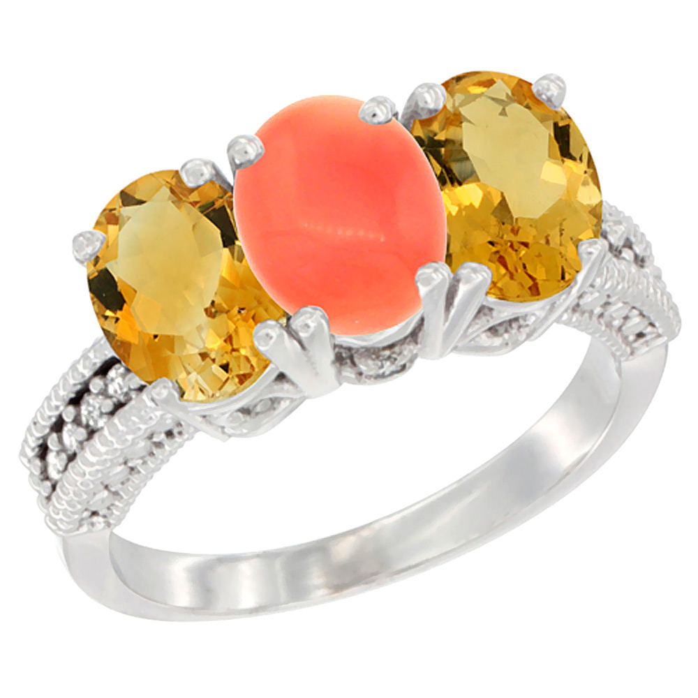 14K White Gold Natural Coral &amp; Citrine Sides Ring 3-Stone 7x5 mm Oval Diamond Accent, sizes 5 - 10