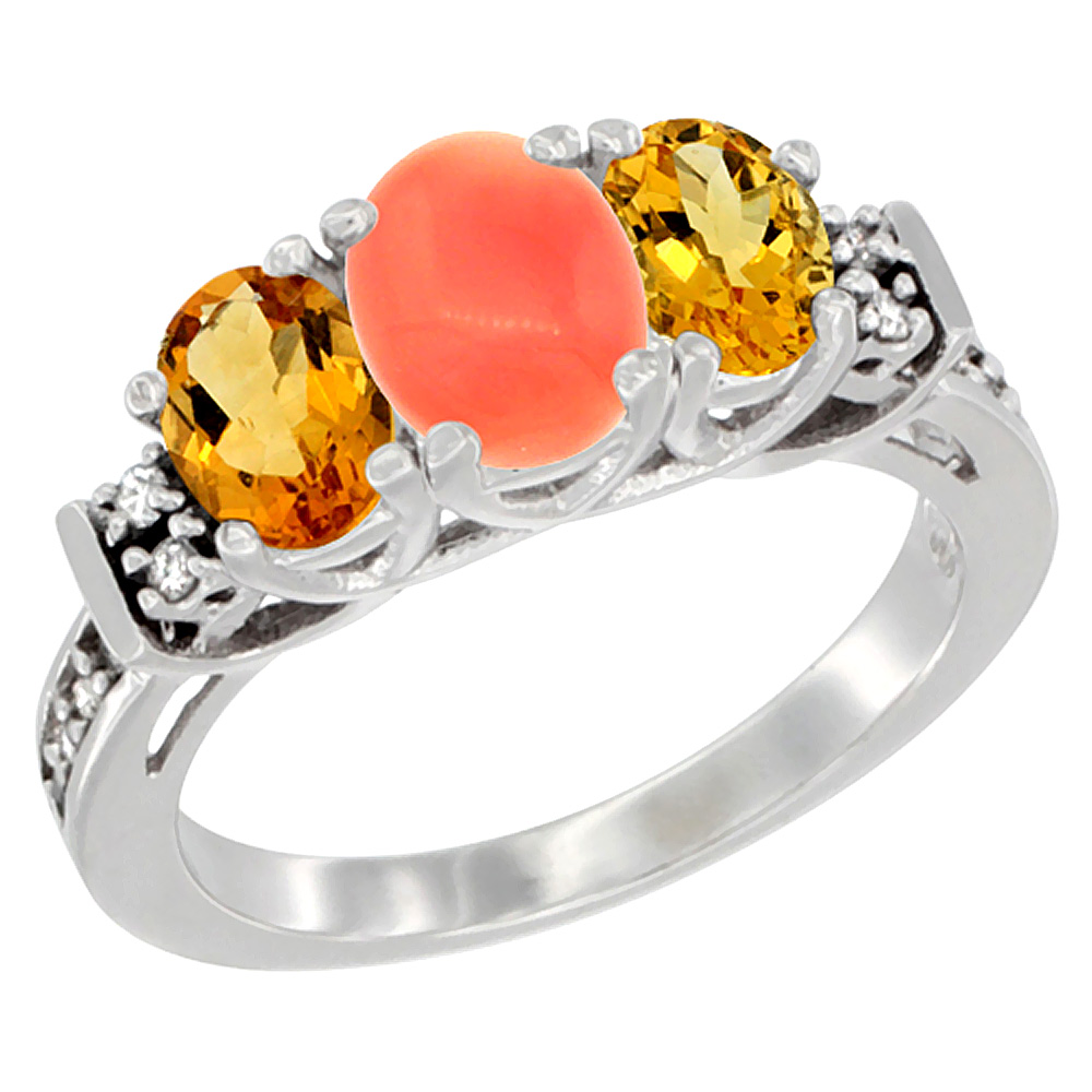 14K White Gold Natural Coral &amp; Citrine Ring 3-Stone Oval Diamond Accent, sizes 5-10