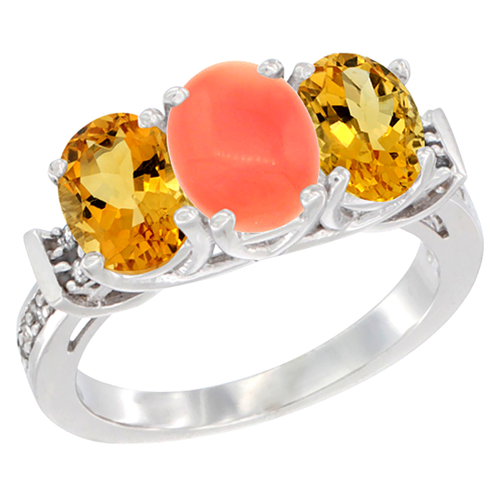 14K White Gold Natural Coral &amp; Citrine Sides Ring 3-Stone Oval Diamond Accent, sizes 5 - 10