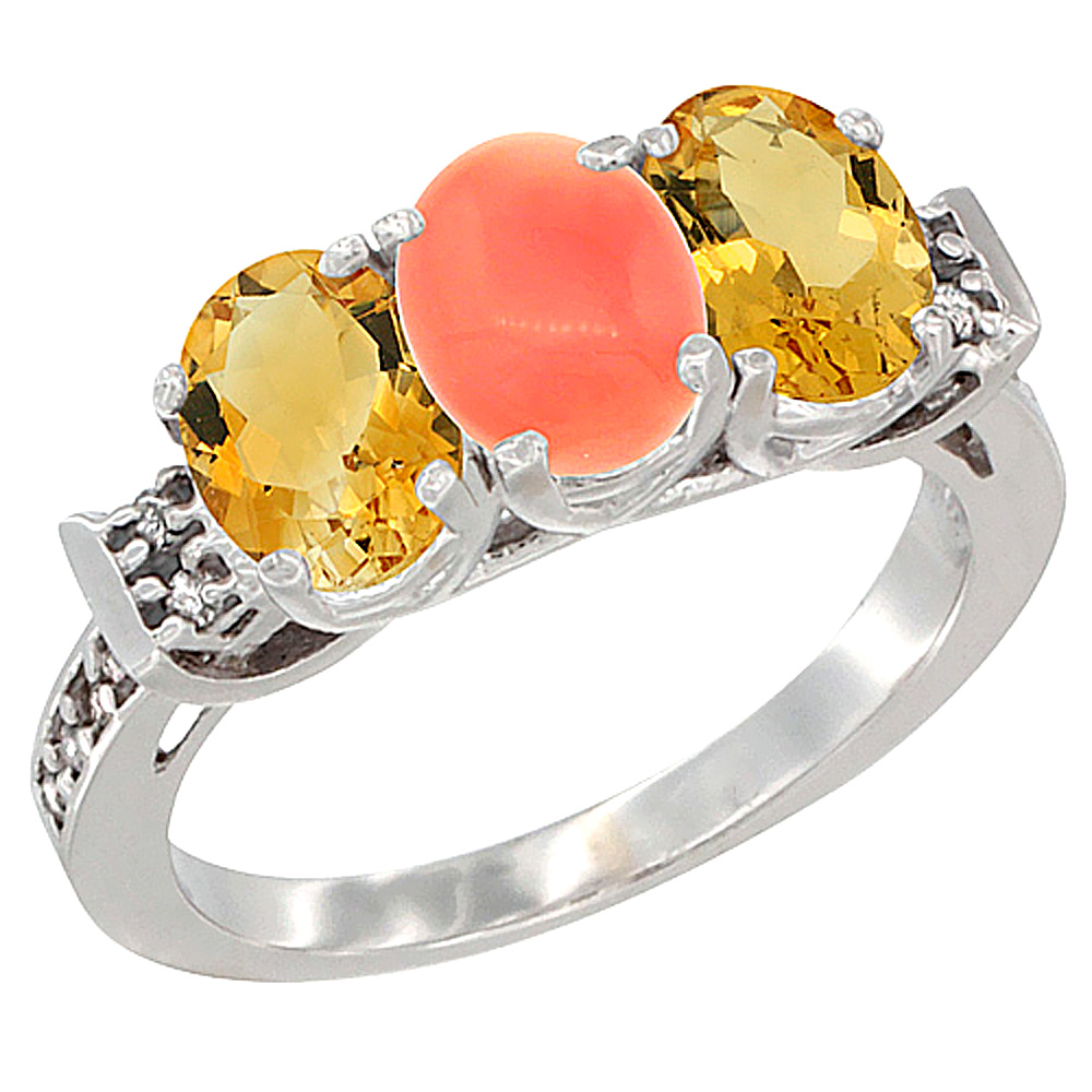 10K White Gold Natural Coral & Citrine Sides Ring 3-Stone Oval 7x5 mm Diamond Accent, sizes 5 - 10