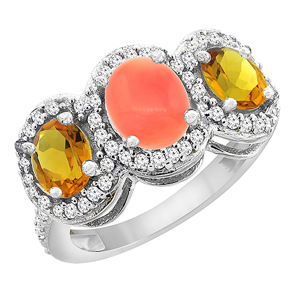 14K White Gold Natural Coral & Citrine 3-Stone Ring Oval Diamond Accent, sizes 5 - 10