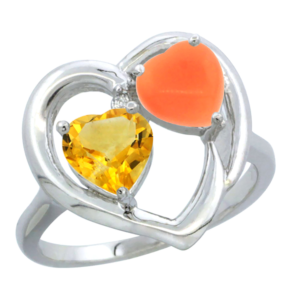 10K White Gold Diamond Two-stone Heart Ring 6mm Natural Citrine &amp; Coral, sizes 5-10