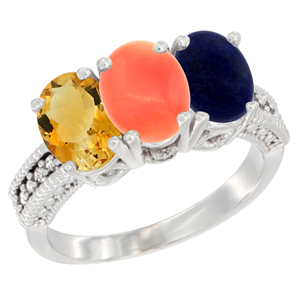 10K White Gold Natural Citrine, Coral &amp; Lapis Ring 3-Stone Oval 7x5 mm Diamond Accent, sizes 5 - 10